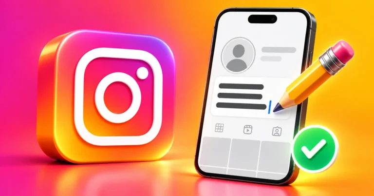 Instagram-Symbol und Smartphone mit hervorgehobenem Bio-Text und Bearbeitungsstift