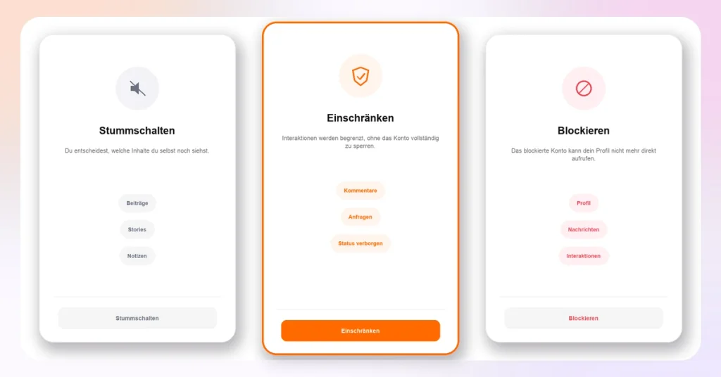 Unterschied zwischen Einschränken, Blockieren und Stummschalten auf Instagram