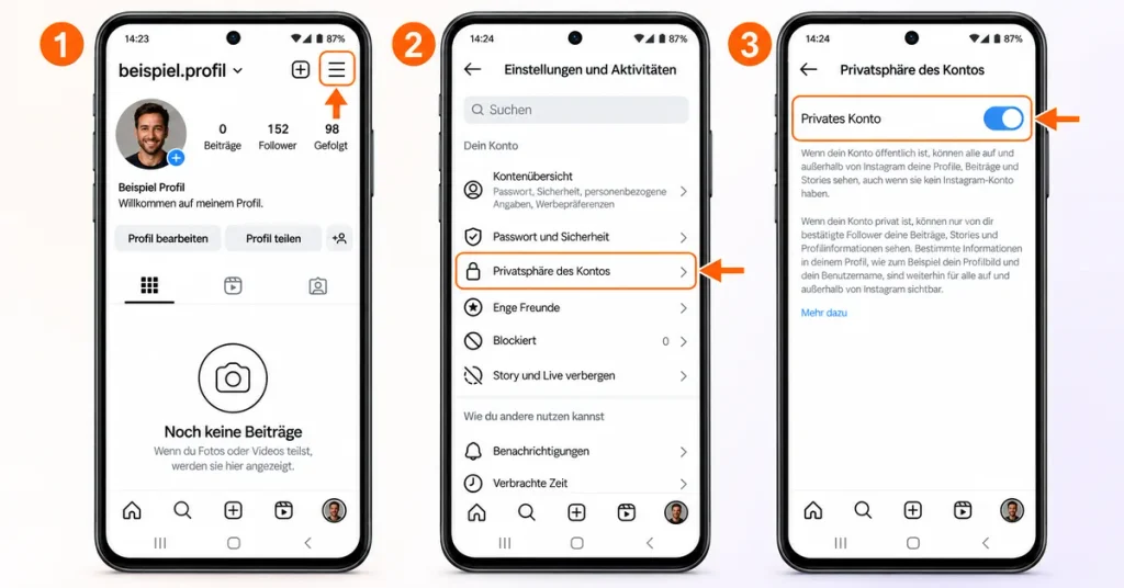 Instagram Einstellung Konto-Privatsphäre mit aktiviertem privaten Konto