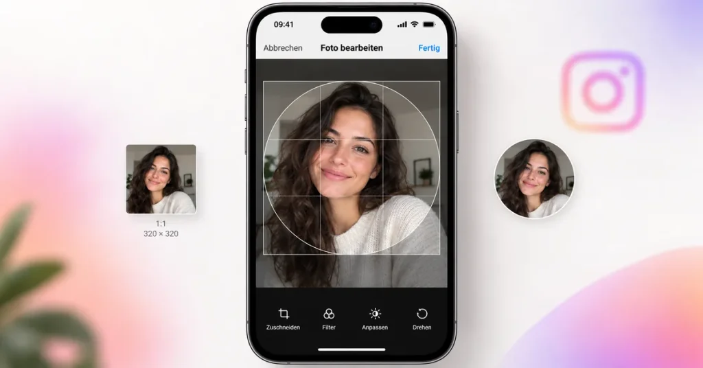 Quadratisches Instagram-Profilbild mit 320 x 320 Pixel und runder Vorschau im Bearbeitungsbildschirm