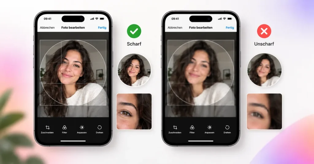 Vergleich zwischen scharfem und unscharfem Instagram-Profilbild im Bearbeitungsbildschirm