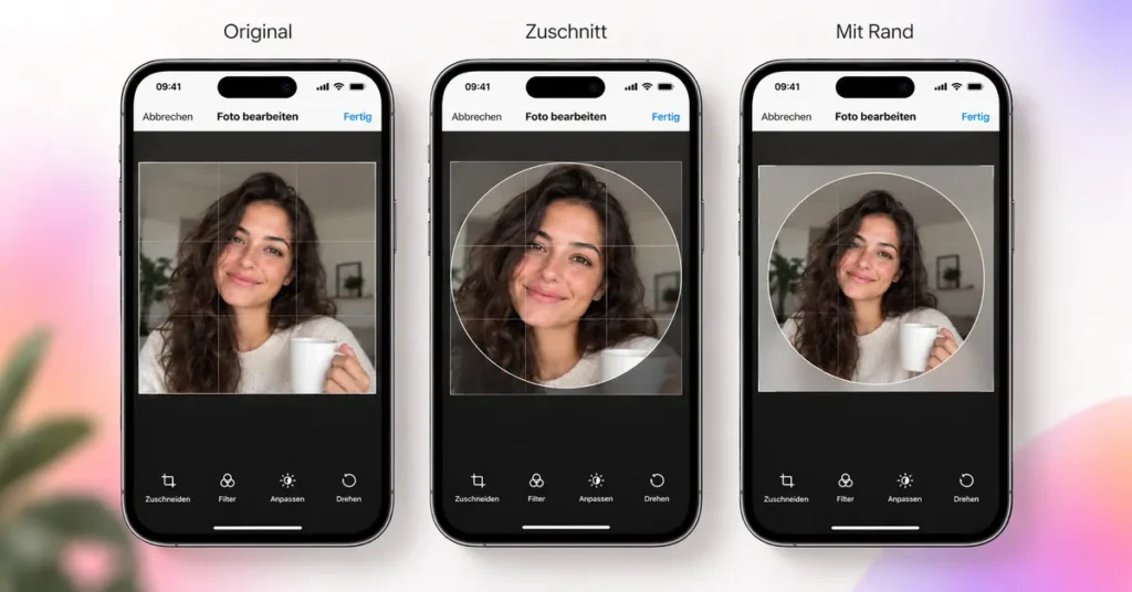 Vergleich von Original, Zuschnitt und Profilbild mit Rand im Instagram-Bearbeitungsbildschirm